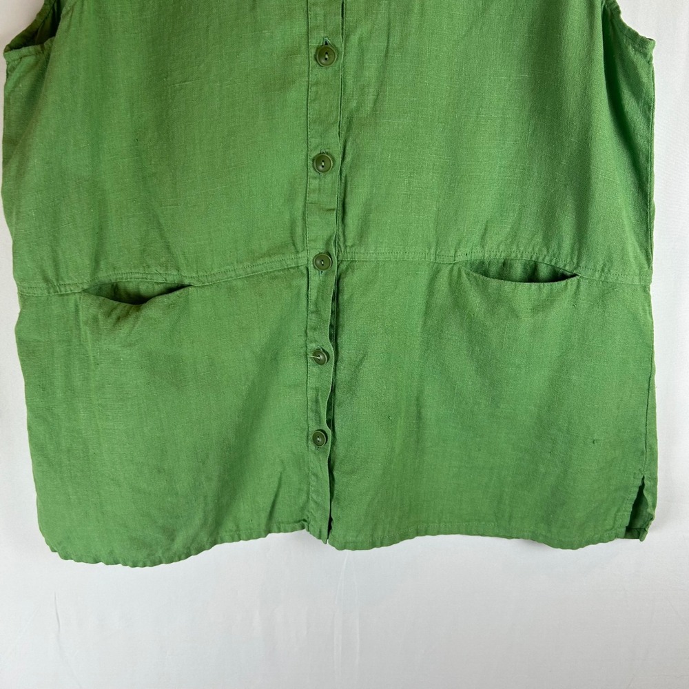 FLAX Women Green 100% Linen Sleeveless Button Front Pocket Top Shirt Size Medium - Picture 7 of 9